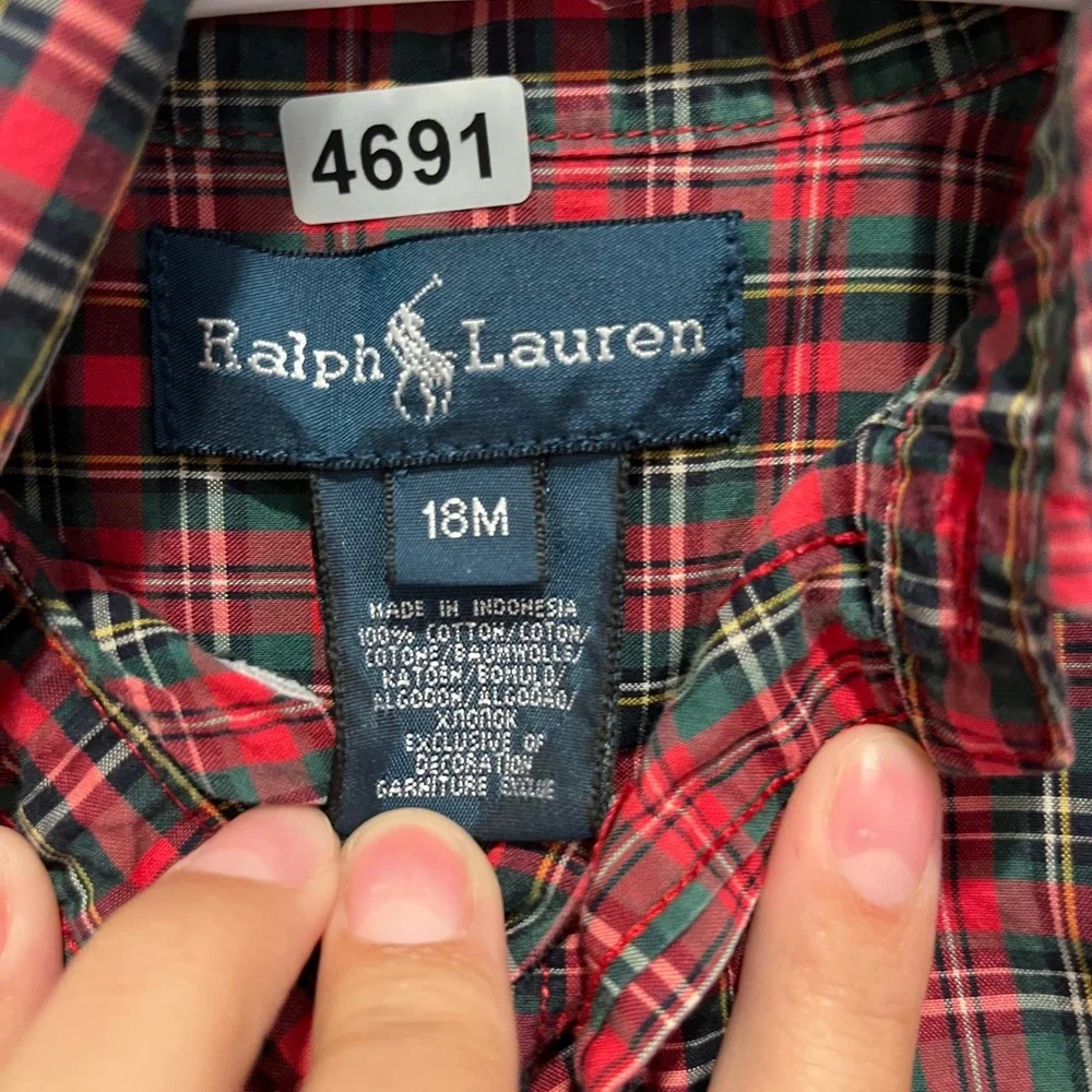 Polo Ralph Lauren Toddler Boys Red Green Plaid Button Down Shirt 18M Cotton